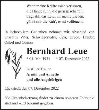 Traueranzeige von Bernhard Leue  von Magdeburger Volksstimme