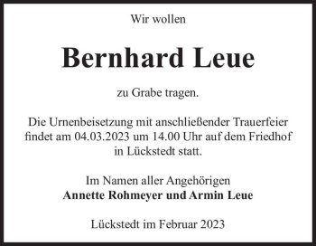 Traueranzeige von Bernhard Leue  von Magdeburger Volksstimme