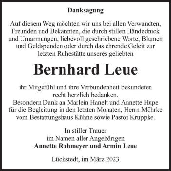 Traueranzeige von Bernhard Leue  von Magdeburger Volksstimme