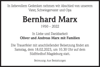 Traueranzeige von Bernhard Marx  von Magdeburger Volksstimme