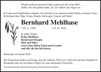 Traueranzeige von Bernhard Mehlhase  von Magdeburger Volksstimme