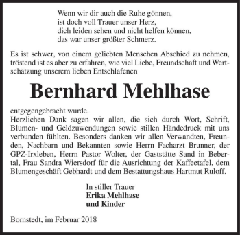 Traueranzeige von Bernhard Mehlhase  von Magdeburger Volksstimme