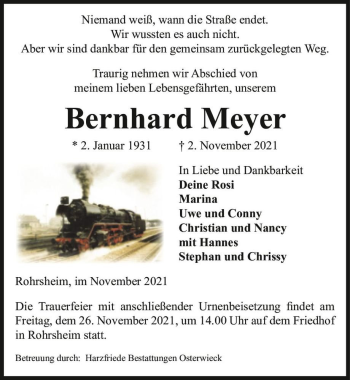 Traueranzeige von Bernhard Meyer  von Magdeburger Volksstimme