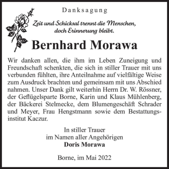 Traueranzeige von Bernhard Morawa  von Magdeburger Volksstimme
