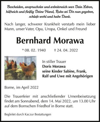 Traueranzeige von Bernhard Morawa  von Magdeburger Volksstimme