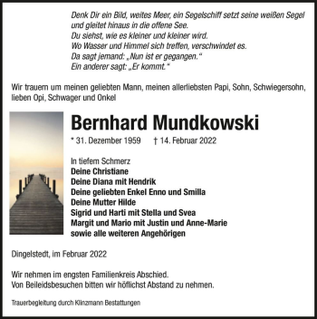 Traueranzeige von Bernhard Mundkowski  von Magdeburger Volksstimme