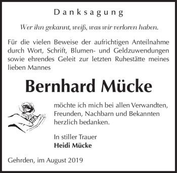 Traueranzeige von Bernhard Mücke  von Magdeburger Volksstimme