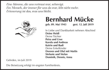 Traueranzeige von Bernhard Mücke  von Magdeburger Volksstimme