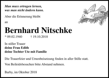 Traueranzeige von Bernhard NItschke  von Magdeburger Volksstimme