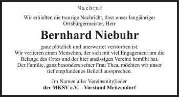 Traueranzeige von Bernhard Niebuhr  von Magdeburger Volksstimme