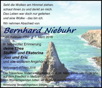 Traueranzeige von Bernhard Niebuhr  von Magdeburger Volksstimme