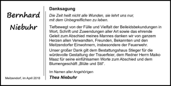 Traueranzeige von Bernhard Niebuhr  von Magdeburger Volksstimme