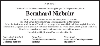 Traueranzeige von Bernhard Niebuhr  von Magdeburger Volksstimme