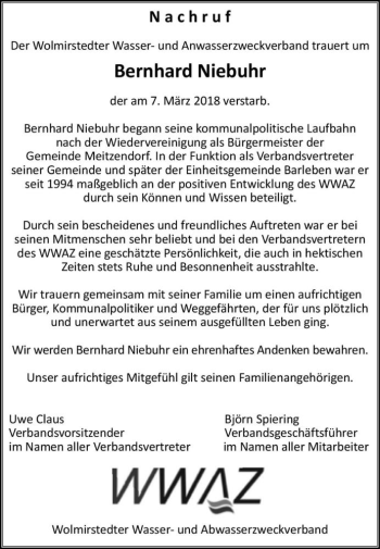 Traueranzeige von Bernhard Niebuhr  von Magdeburger Volksstimme