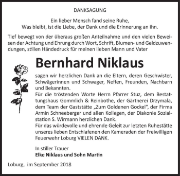 Traueranzeige von Bernhard Niklaus  von Magdeburger Volksstimme