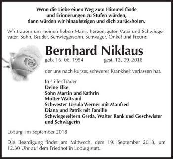 Traueranzeige von Bernhard Niklaus  von Magdeburger Volksstimme