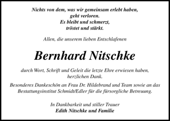 Traueranzeige von Bernhard Nitschke  von Magdeburger Volksstimme