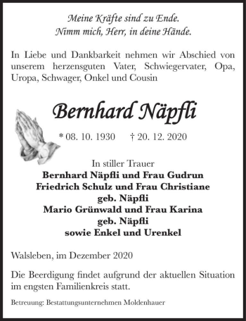 Traueranzeige von Bernhard Näpfli  von Magdeburger Volksstimme