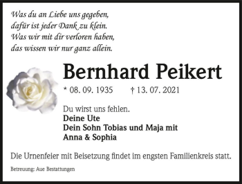 Traueranzeige von Bernhard Peikert  von Magdeburger Volksstimme