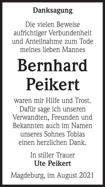 Traueranzeige von Bernhard Peikert  von Magdeburger Volksstimme