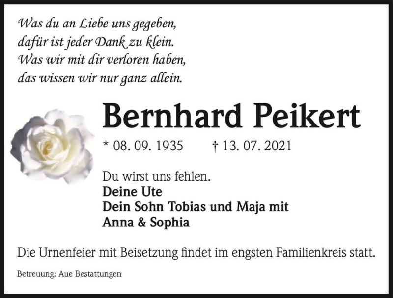 Traueranzeige für Bernhard Peikert  vom 24.07.2021 aus Magdeburger Volksstimme
