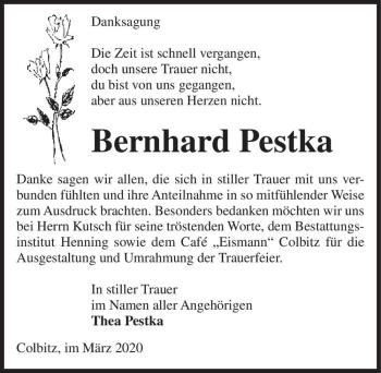 Traueranzeige von Bernhard Pestka  von Magdeburger Volksstimme