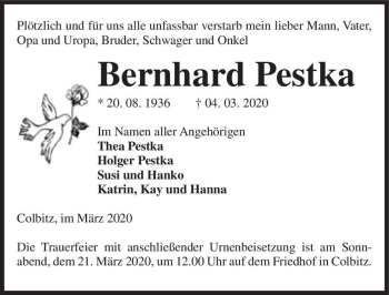 Traueranzeige von Bernhard Pestka  von Magdeburger Volksstimme