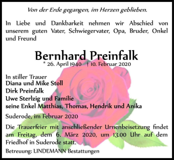 Traueranzeige von Bernhard Preinfalk  von Magdeburger Volksstimme