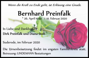 Traueranzeige von Bernhard Preinfalk  von Magdeburger Volksstimme