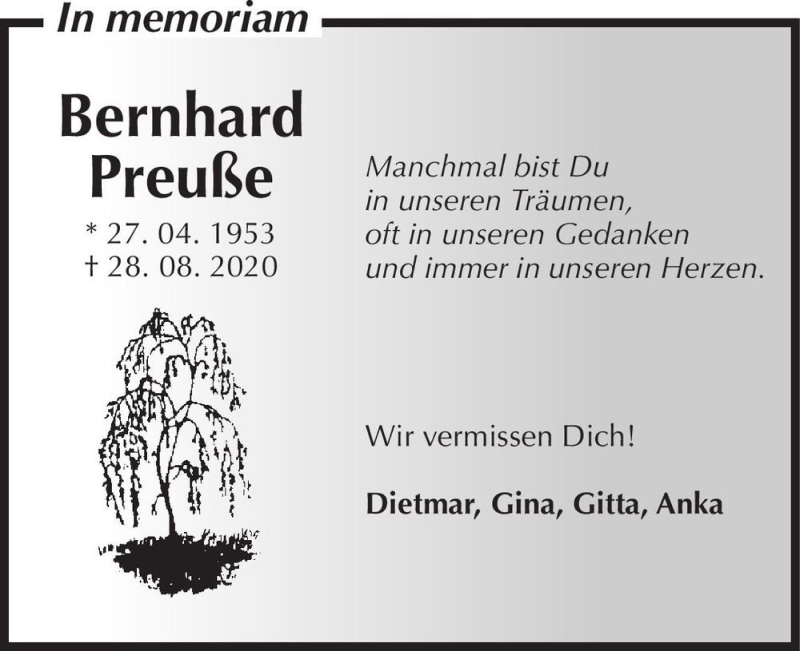  Traueranzeige für Bernhard Preuße  vom 11.09.2021 aus Magdeburger Volksstimme