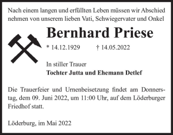 Traueranzeige von Bernhard Priese  von Magdeburger Volksstimme