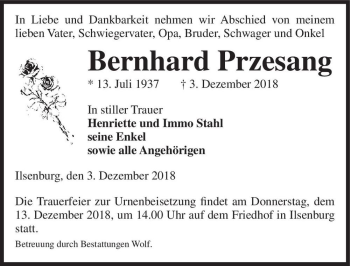 Traueranzeige von Bernhard Przesang  von Magdeburger Volksstimme