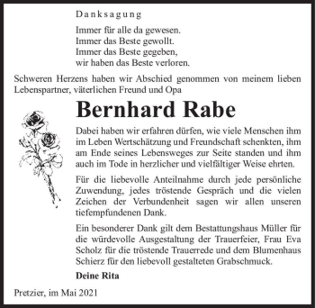 Traueranzeige von Bernhard Rabe  von Magdeburger Volksstimme