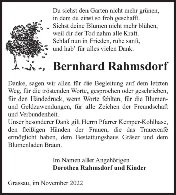 Traueranzeige von Bernhard Rahmsdorf  von Magdeburger Volksstimme