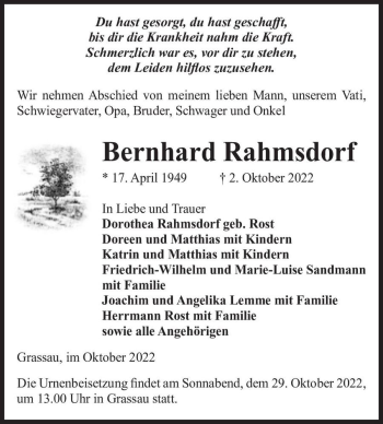 Traueranzeige von Bernhard Rahmsdorf  von Magdeburger Volksstimme
