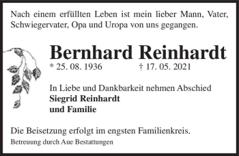 Traueranzeige von Bernhard Reinhardt  von Magdeburger Volksstimme