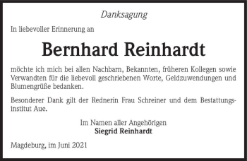 Traueranzeige von Bernhard Reinhardt  von Magdeburger Volksstimme