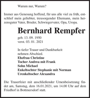 Traueranzeige von Bernhard Rempfer  von Magdeburger Volksstimme