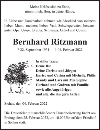Traueranzeige von Bernhard Ritzmann  von Magdeburger Volksstimme