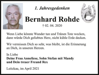 Traueranzeige von Bernhard Rohde  von Magdeburger Volksstimme