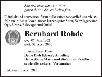 Traueranzeige von Bernhard Rohde  von Magdeburger Volksstimme