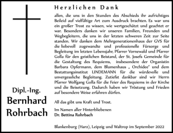 Traueranzeige von Bernhard Rohrbach  von Magdeburger Volksstimme