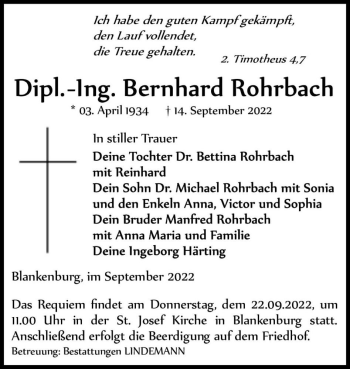 Traueranzeige von Bernhard Rohrbach  von Magdeburger Volksstimme