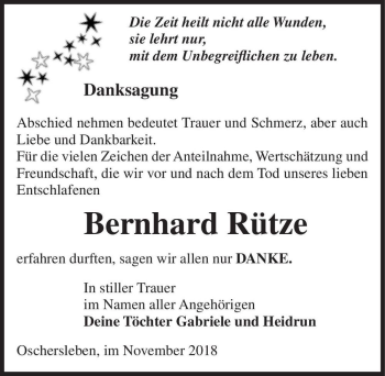 Traueranzeige von Bernhard Rütze  von Magdeburger Volksstimme