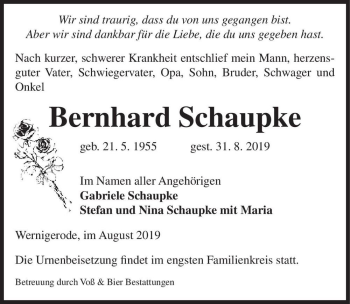 Traueranzeige von Bernhard Schaupke  von Magdeburger Volksstimme