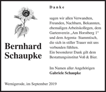 Traueranzeige von Bernhard Schaupke  von Magdeburger Volksstimme
