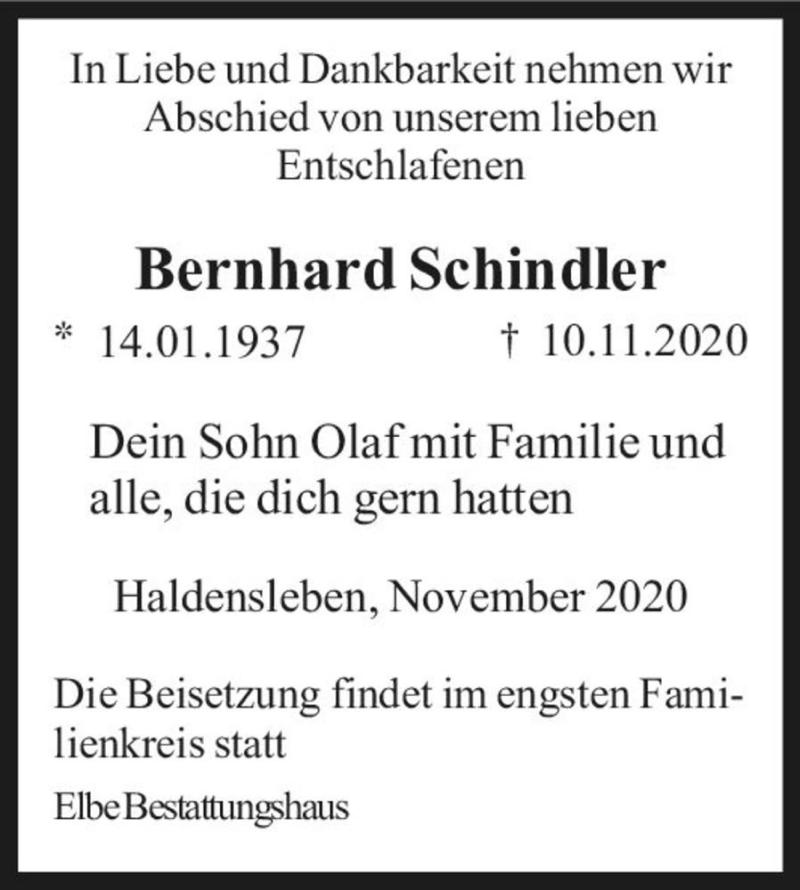  Traueranzeige für Bernhard Schindler  vom 18.11.2020 aus Magdeburger Volksstimme