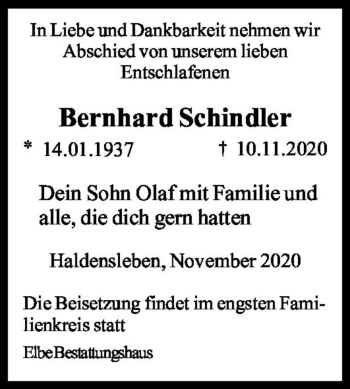 Traueranzeige von Bernhard Schindler  von Magdeburger Volksstimme