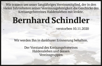 Traueranzeige von Bernhard Schindler  von Magdeburger Volksstimme