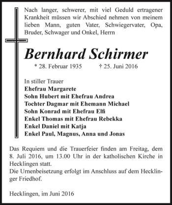 Traueranzeige von Bernhard Schirmer  von Magdeburger Volksstimme